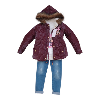 Chamarra con capucha para niña, conjunto con  blusa y pantalón de mezclilla