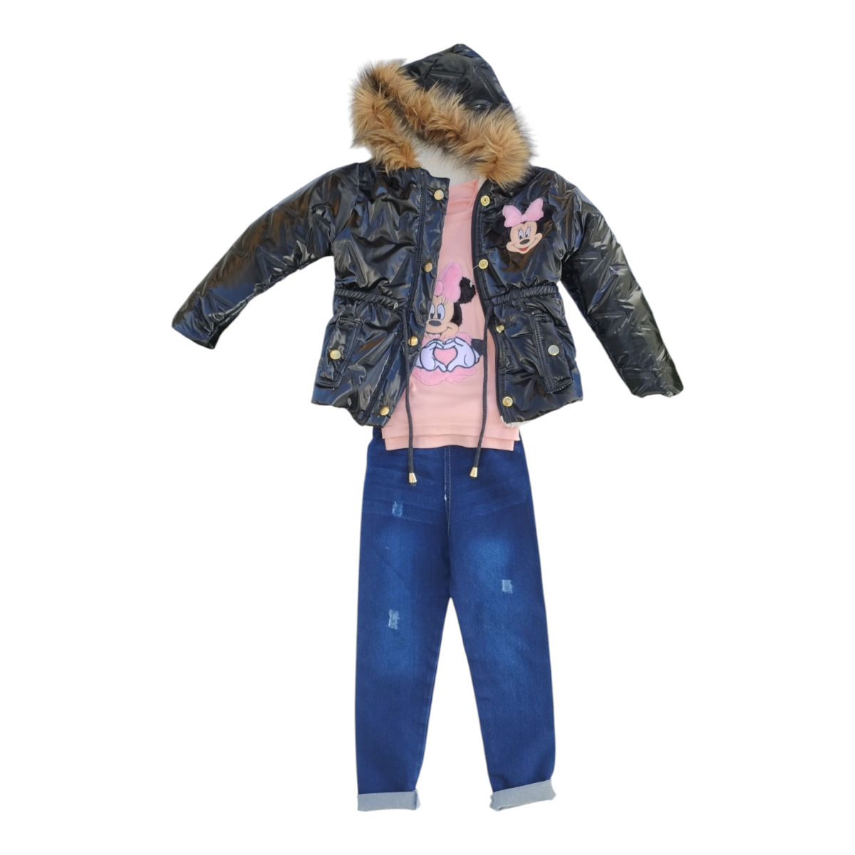 Chamarra con capucha para niña, conjunto con  blusa y pantalón de mezclilla