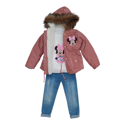 Chamarra con capucha para niña, conjunto con  blusa y pantalón de mezclilla